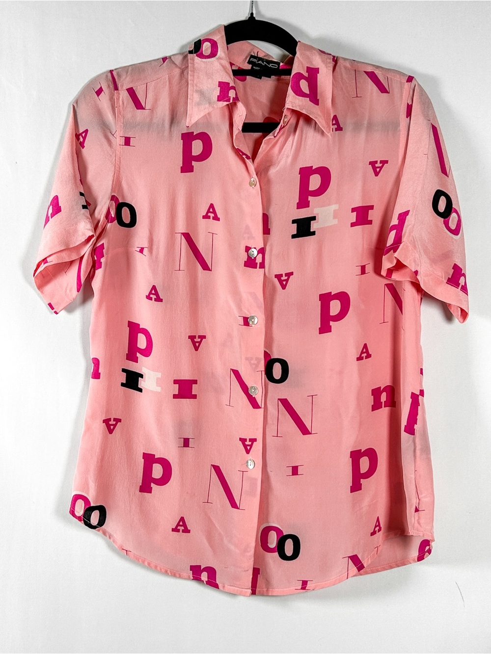 Vintage Piano Pink Letter-Print Short-Sleeve Silk Button-Down Shirt